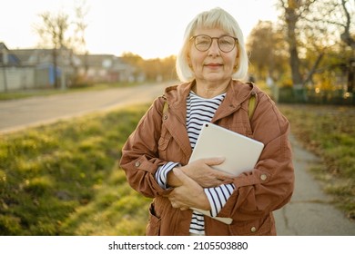 50s Woman Hand Holding Digital Tablet PC In Autumn Nature Field At Sunset, Online, Elderly People And Modern Technology Usage