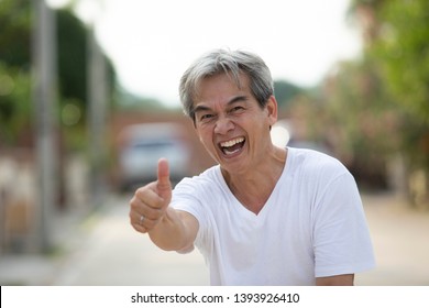 50s Years Old Asian Man Hand Sign Strong Health Expression 