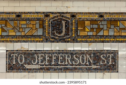 5.14.2023 - Bushwick, Brooklyn, New York, NY, USA: To Jefferson street subway sign in Bushwick, Brooklyn, New York City