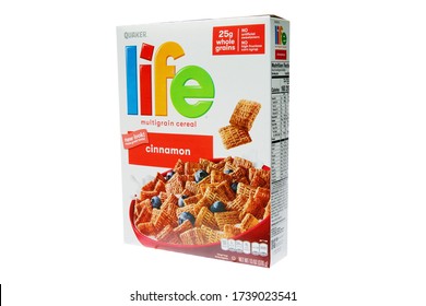 5-20-2020 Lake Forest, CA. USA; Cinnamon Life Cereal Box. Quaker Life Cereal Isolated On White. Editorial Image.