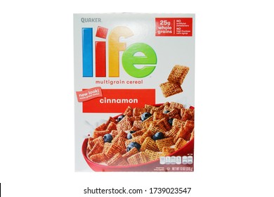 5-20-2020 Lake Forest, CA. USA; Cinnamon Life Cereal Box. Quaker Life Cereal Isolated On White. Editorial Image.