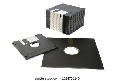 5.25 inch and 3.5 inch floppy diskettes isolated on white background