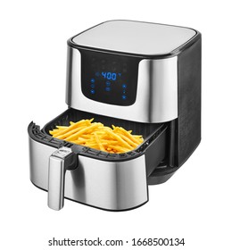 5.3 Quart Air Fryer Isolated on White. Brushed Stainless Steel Electric Deep Fryer Side View. Silver Modern Domestic Household & Small Kitchen Appliances. 1500 Watts Convection Oven & Oilless Cooker