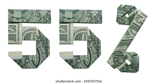 55 Percents Sale Sign Collage Money Origami Folded With 3 Real One Dollar Bills Isolated On White Background