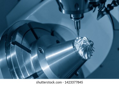 The 5-axis CNC milling machine cutting the turbine part with the taper ball endmill tool.The table tilt type of 5-axis machining center cutting the aero space parts.