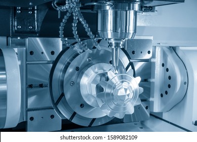 The 5-axis CNC milling machine  cutting the sample of aluminium  parts by solid ball endmill tools. The automotive parts manufacturing process by 5-axis machining center.