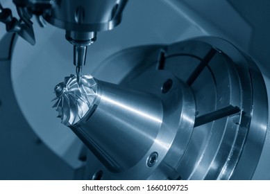 The 5-axis CNC milling machine  cutting the  aluminium  turbine propeller part by solid ball endmill tools. The turbocharger parts manufacturing process by 5-axis machining center.
