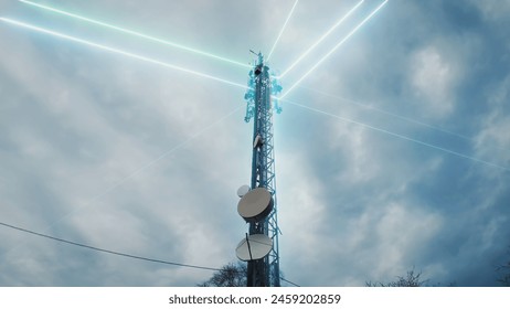 5G 6G digital telecommunication tower sending data through antennas. Graphic