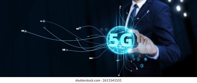5G: Businessman Touching Digital Global Network of High-Speed Data Exchange. Seamless Integration on Social Network Connection with Hologram Modern Interface, Advanced Networking Infrastructure.