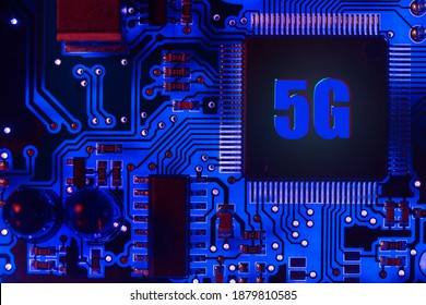 5g control chip. Close-up communication concept of a modern blue printed circuit board (PCB) with stripes of conductors between a transistor and a processor. IT technology repair, upgrade and abstract