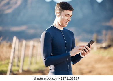 5g, gps and nature, happy man and phone at rest stop in countryside looking at direction or map information online. Mobile, fitness app and smartphone, cyclist on internet search on mobile with smile
