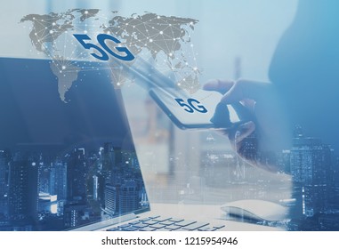 5G Hi speed internet network communication, man using mobile smartphone with 5G icons flow on virtual screen, worldwide connection. Internet of Things, IoT concept