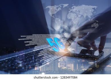 5G High speed internet network technology communication, man using mobile smart phone, mobile app with 5G icons flow on virtual screen, worldwide connection.