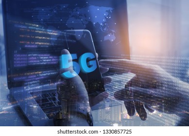 5G High speed internet network technology communication, man using mobile smart phone, mobile app with 5G icons flow on virtual screen, worldwide connection.