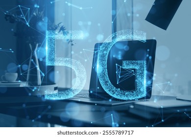 5G hologram symbol over a desk with office items, blue digital connections overlay, futuristic technology and internet concept - Powered by Shutterstock