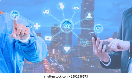 5G Internet Network With Surgeons Man Push 5G Button And Hold Tablet In Medical Uniform On White Background. 5G Internet Network With Healthcare Concept.