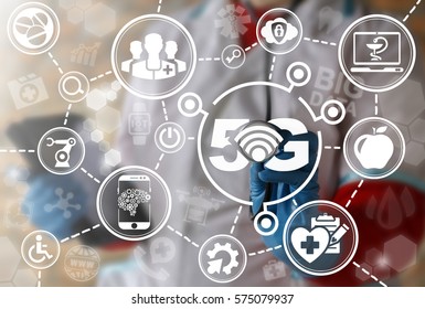 5g Medical Information Technology Web Computing Healthcare Iot Concept. Doctor Presses 5g Button On Virtual Screen. Medicine Wireless Connection And Communication Internet Healthy LTE Technology.