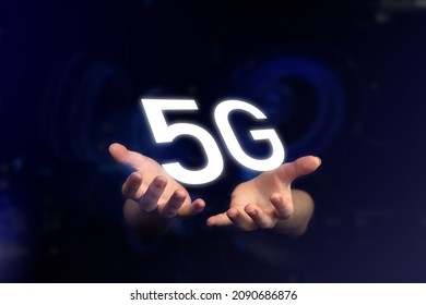 5G network. Concept of future future of wireless systems, high speed mobile internet, global technology. Hands with 5G symbol