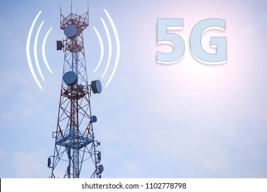  5G Network Connection Concept-5G ;communication mast, satellite communication antenna, copy space