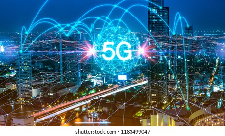 5G network digital hologram and internet of things on city background.5G network wireless systems. - Shutterstock ID 1183499047