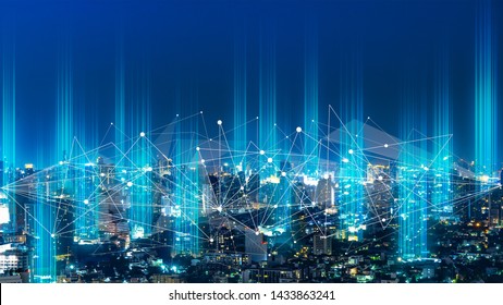 5G network digital hologram and internet of things on city background.5G network wireless systems. - Shutterstock ID 1433863241