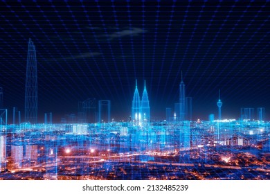 5G network digital hologram and internet of things on city background.5G network wireless systems. - Shutterstock ID 2132485239