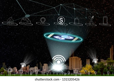 5G network interface and icon concept with cityscape