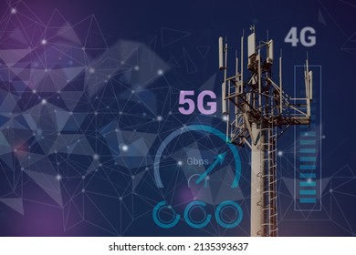 5G network wireless systems concept. Telecommunications tower with 4G, 5G transmitters, cellular base station with transmitter antennas on abstract triangulated background with icons. Copy space