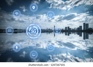5G network wireless systems and internet of things with modern city skyline