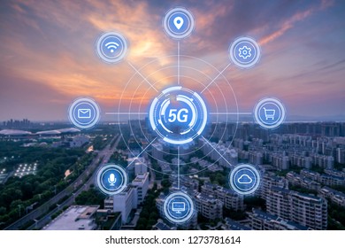 5G network wireless systems and internet of things with modern city skyline