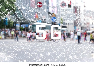 5G network wireless systems and internet of things (iot), Digital smart city and communication network. Very fast connect global wireless devices. Atom connect with blur crowd background.