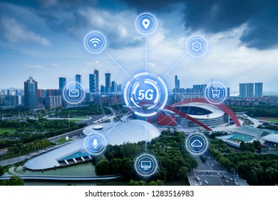 5G network wireless systems and internet of things with modern city skyline