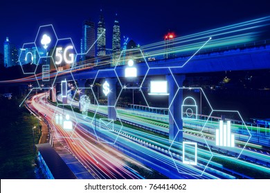 5G network wireless systems and internet of things with light trail of traffic in Kuala Lumpur .