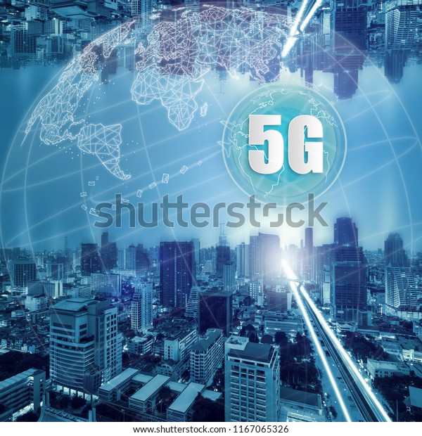 5G network wireless systems and\
internet of things, Smart city and communication network and\
connecting together, Connect global wireless\
devices.