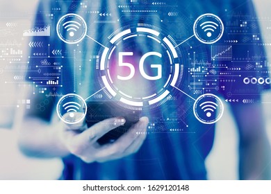 5G network with young man using a smartphone