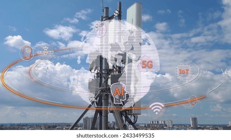 5G rooftop antenna with smart cityscape skyline global communication network. Artificial intelligence Iot Wifi Internet logo icons around planet Earth in a Futuristic Scenario - Powered by Shutterstock