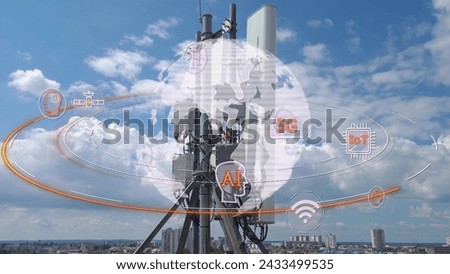5G rooftop antenna with smart cityscape skyline global communication network. Artificial intelligence Iot Wifi Internet logo icons around planet Earth in a Futuristic Scenario