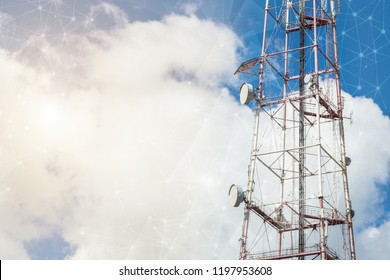 5G. smart mobile telephone radio network antenna base station on the telecommunication mast radiating signal