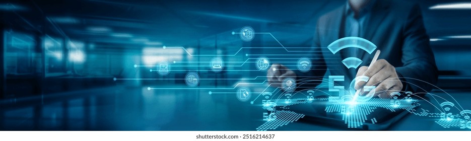 5g technology. Businessman analyzing data trends and performance metrics and 5G technology impact graph displayed on office table with tablet, connected devices, high-speed network infrastructure. - Powered by Shutterstock