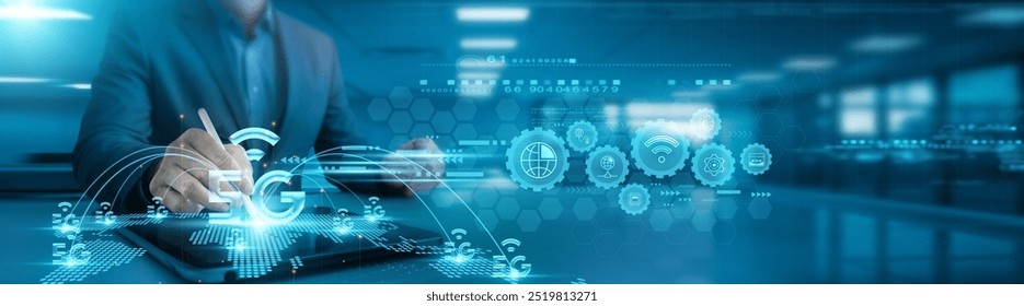 5G technology. Businessman analyzing 5G technology data and projecting growth graph displayed on office table with tab, accelerating connectivity, efficiency, and digital transformation. - Powered by Shutterstock