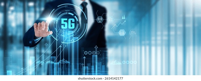 5G Technology: Businessman touches 5G technology analyzing graph high-speed connectivity, low latency, real-time data, network expansion, IoT integration, enhanced reliability, digital transformation.