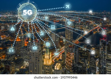 5G technology and computer network with internet of thing icon over Top view of New York Cityscape,USA downtown skyline, Architecture and building with tourist,Connectivity and global networks concept