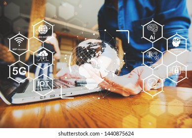 5G Technology Diagram Of AI, Machine Learning, Cyber Security, Crypto Currency, Blockchain, Big Data, Cloud Computing, Wireless Internet Access, Internet Ot Things\