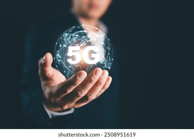 5G technology network concept, digital globe with interconnected 5G symbols, 5G technology in modern business and communication, digital transformation - Powered by Shutterstock