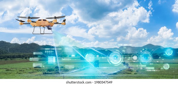 5G technology trend and smart farm agriculture concept.Farmer use ai drone to monitor prediction forecast check of plant field.Agriculture drone fly for research analysis,terrain scanning. - Shutterstock ID 1980347549