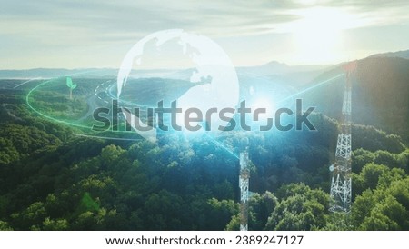 5G telecom tower with planet earth for environmental sustainable development. Aerial view at sunset drone above telecommunication base station