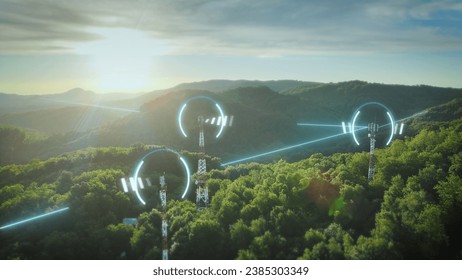 5G Telecommunication towers exchange network data through glowing digital lines