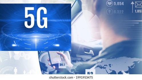 5g text and digital interface with data processing over woman using smartphone while driving a car. global networking and computer interface technology concept