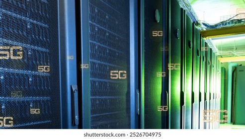 5g text repeated over computer server room. Communication network, data and digital interface technology, digitally generated image.