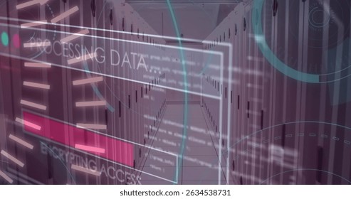 5g text, round scanners and data processing against empty computer server room. Business and cloud data storage technology concept - Powered by Shutterstock - Get 15% off with code: PIKWIZARD15